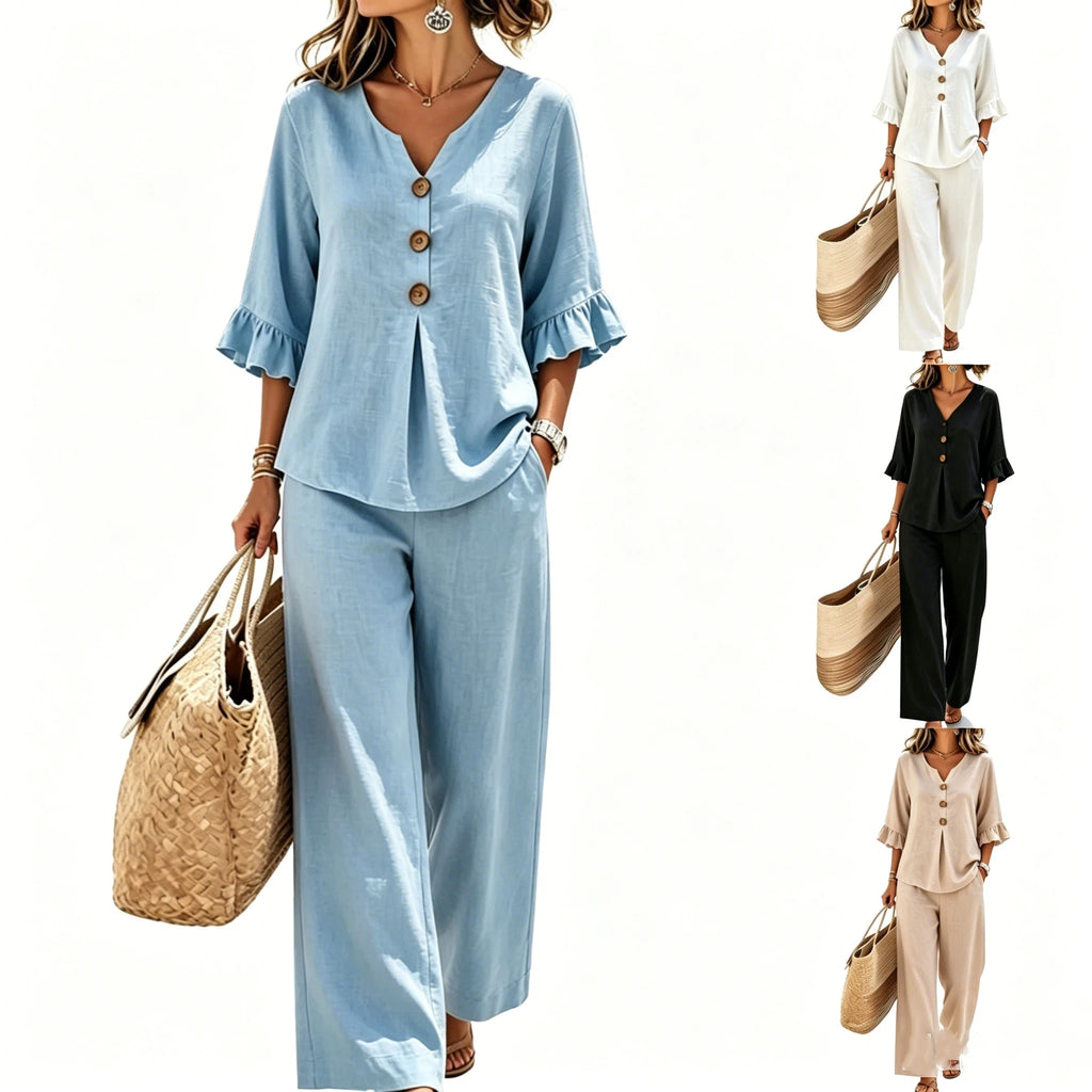 Elegancki Komplet V-Neck z Lnu i Bawełny