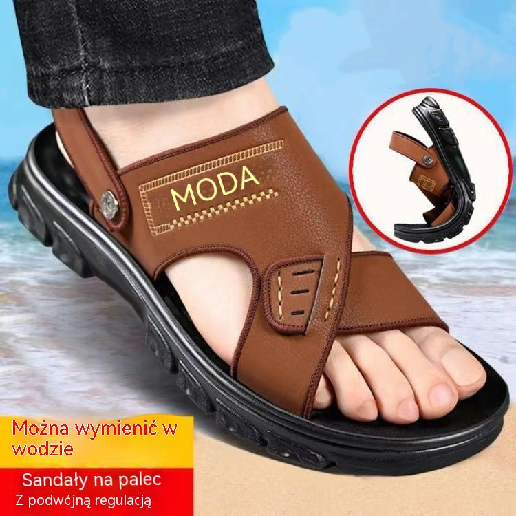 Nowe męskie skórzane sandały plażowe z grubą podeszwą